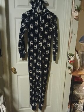 Kids Navy Reindeer Fleece Onesie Pajamas - Cozy Hooded Union Suit